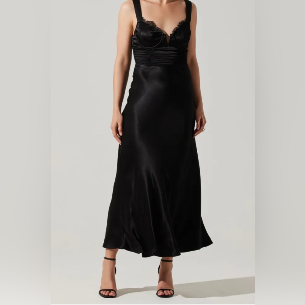 NEW Astr Aeris Satin Lace Trim Maxi Dress Navy Sz Medium Bustier Corset Feminine - Picture 16 of 17